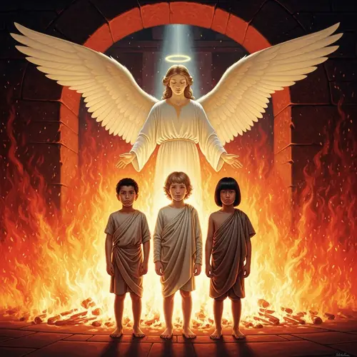 Angel Protects Three Calm Boys in Fiery Furnace