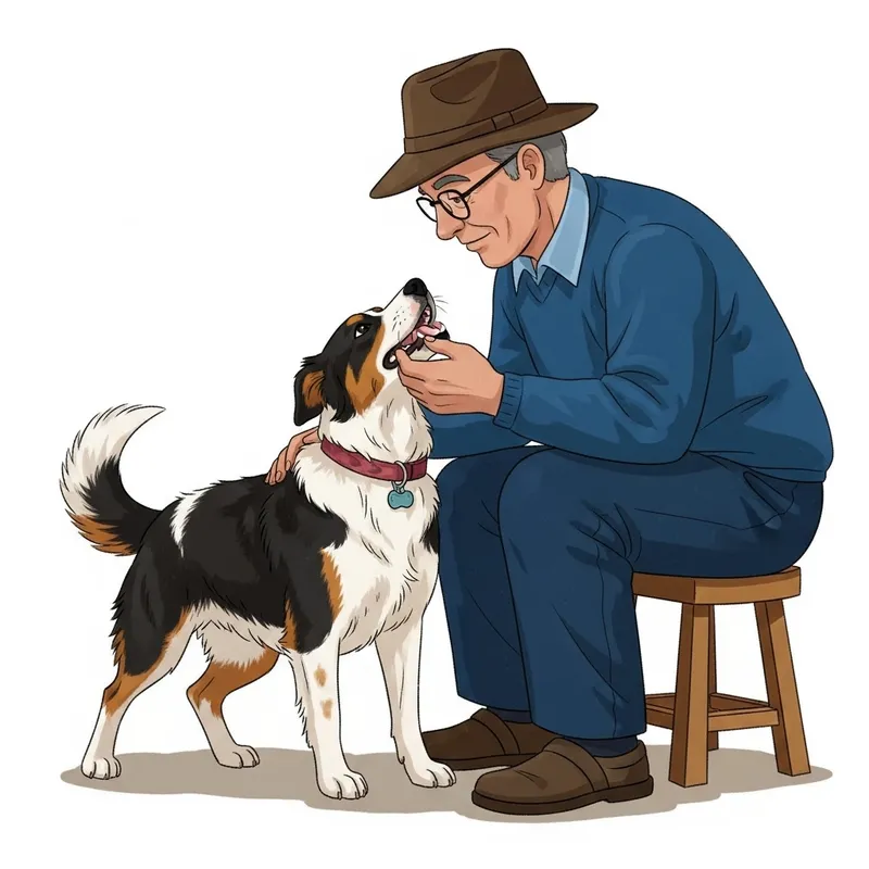 Man in Cap Playing with White, Black, Brown Dog