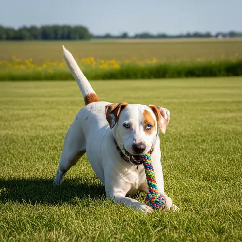 Playful Midwest Farm Dog with Ivory Fur and Brown Spots