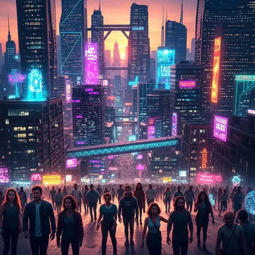 Futuristic Cityscape at Sunset: Neon Skyscrapers & Diverse Crowd