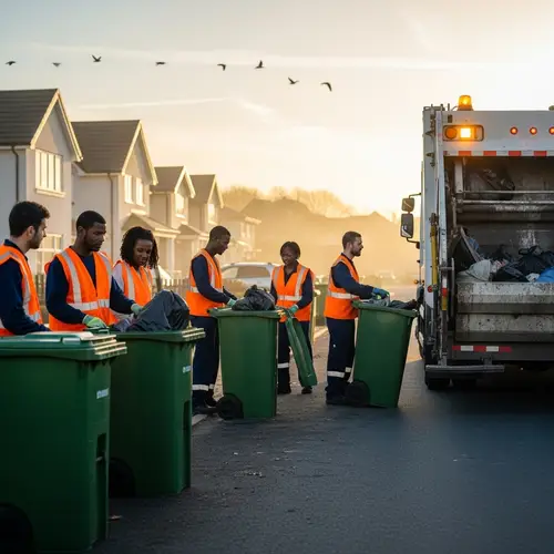Diverse Sanitation Workers Collecting Waste in Morning Light