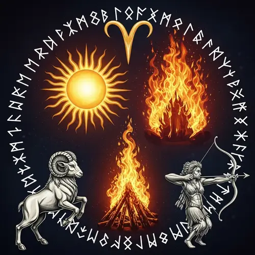 Symbolic Artwork: Sun, Fire, Zodiac Signs & Runes