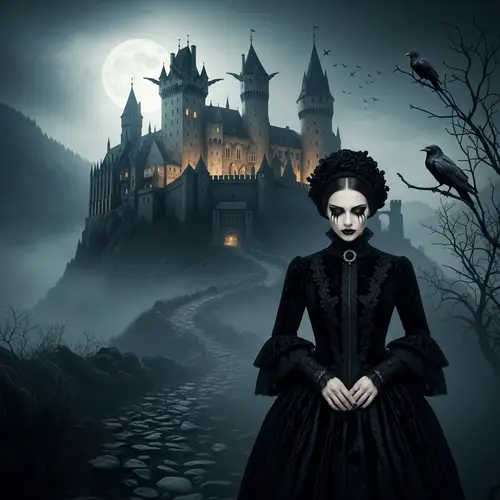 Gothic Medieval Castle Scene with Mysterious Woman