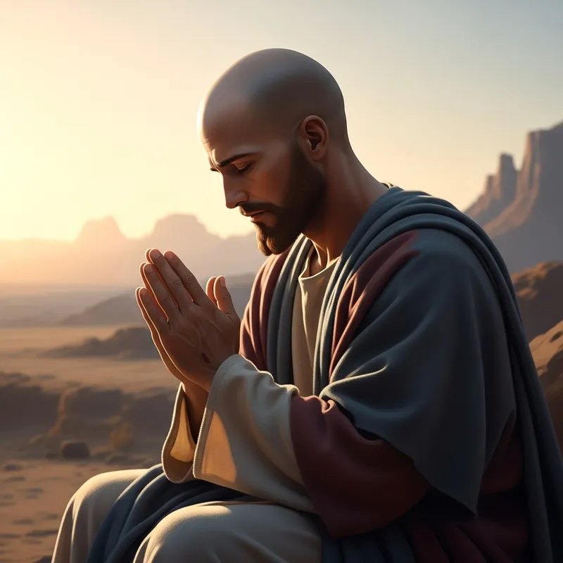 Bald Jesus in Tranquil Desert Prayer Scene
