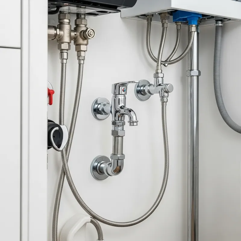 Modern Wall Mounted Plumbing Design: Silver Faucets & Angular Valves Modern Wall Mounted Plumbing Design: Silver Faucets & Angular Valves