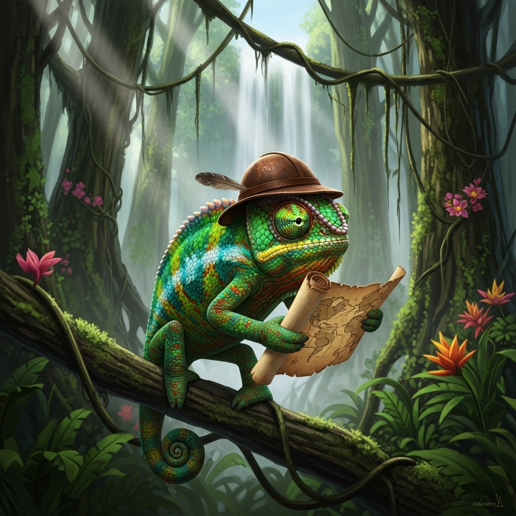 Traveling Chameleon: A Color-Changing Explorer | AI Art Generator |  Easy-Peasy.AI, image size:1024x1024