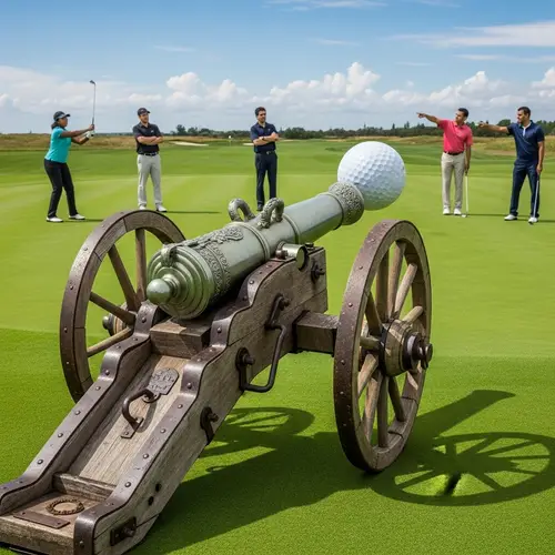 19th Century Style Steel Cannon with Ornate Decorations | Golf Course Scene