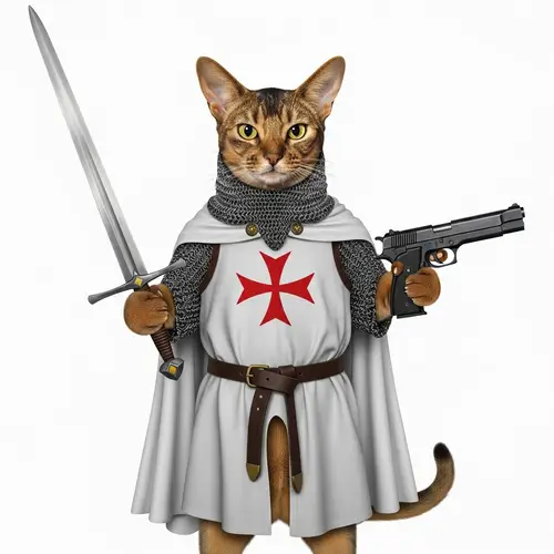 Abyssinian Cat in Chainmail Armor with Templar Cape