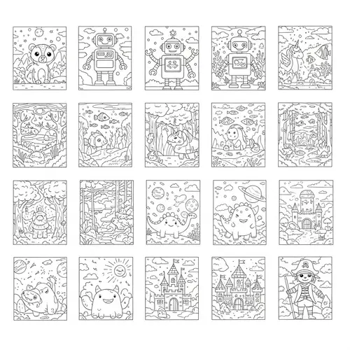 Black and White Children's Coloring Pages - Cute Animals, Robots, Unicorns & More