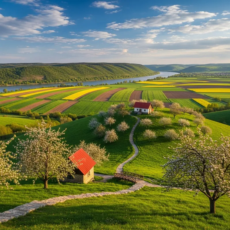 Tranquil countryside landscape with river and cottage