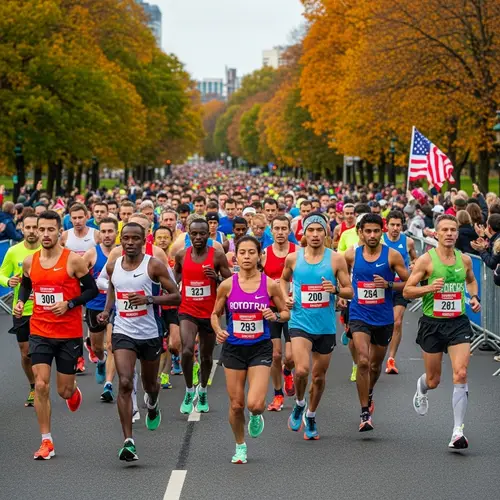 Diverse Marathon Race in City Park | Colorful Runners, Cheering Supporters