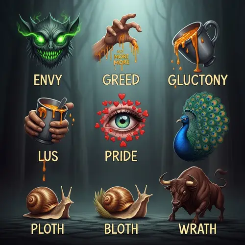 Symbols of Seven Deadly Sins Depicted in Dark Atmosphere