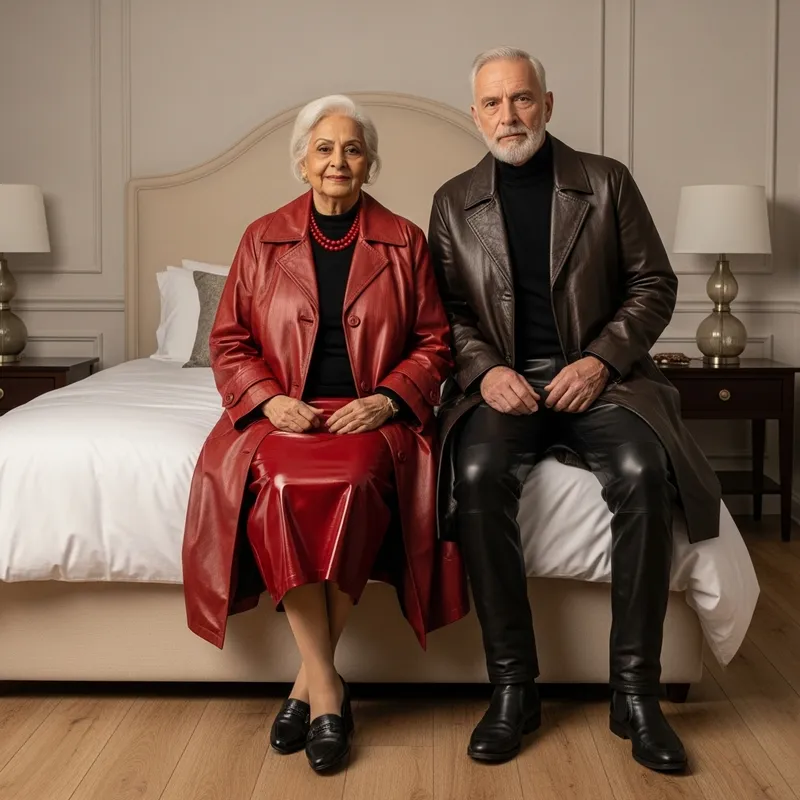 Stylish Elderly Couple Showcasing Leather Attire in Luxury Bedroom