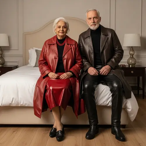 Elderly South Asian Grandmother & Husband Leather Style in Luxurious Bedroom