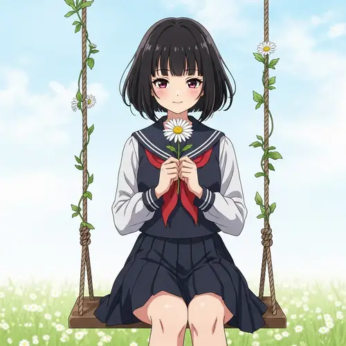 Anime Girl with Black Bob Cut Hair holding White Daisy on Swing
