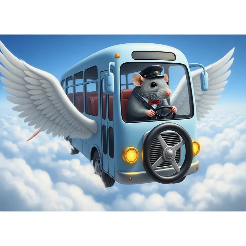 Whimsical Flying Bus with Rat in Blue Sky Whimsical Flying Bus with Rat in Blue Sky