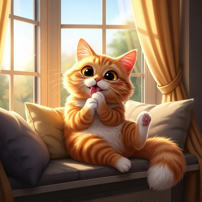 Cute Orange Cartoon Cat Grooming in a Bay Window