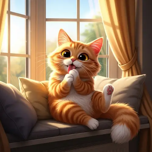 Adorable Orange Feline Grooming in Sunlight | Bay Window Scene