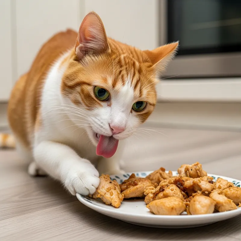 Playful Cat Eating Chicken | Vibrant Scene