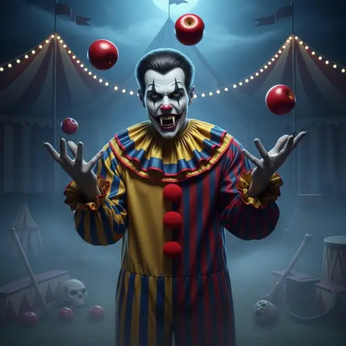 Sinister Vampire Clown in Classic Circus Tent | Haunting Scene