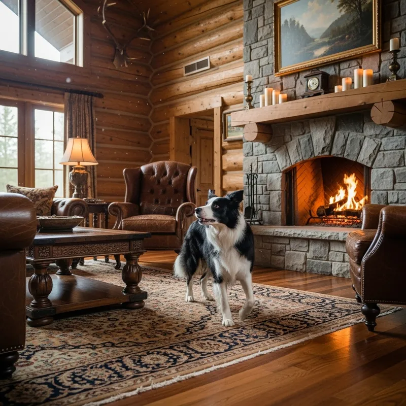 Border Collie Dog in Elegant Log Cabin Border Collie Dog in Elegant Log Cabin