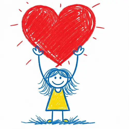 Childlike Drawing of Girl Holding Heart - Art for All Ages