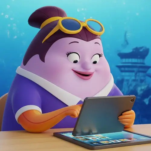 Cheerful Fish-Woman Teaching Driving with Tablet Device