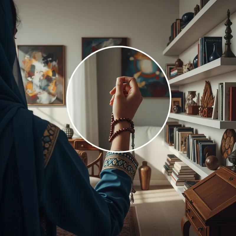 Zoomed Girl Hand Holding Tasbeeh in Serene Room Zoomed Girl Hand Holding Tasbeeh in Serene Room