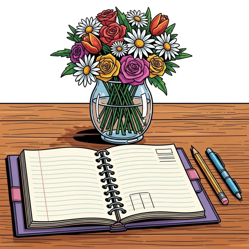Lavender Spiral Journal with Pencil, Pen, and Flowers on Table Lavender Spiral Journal with Pencil, Pen, and Flowers on Table