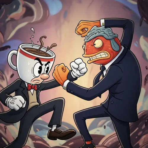 Cuphead and Mugman fight with agent flopper from Fortnite