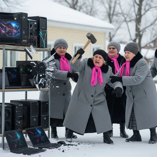 Elderly Women Sell Laptops in Snowy Russian Town | Grandmother Smashes Electronics