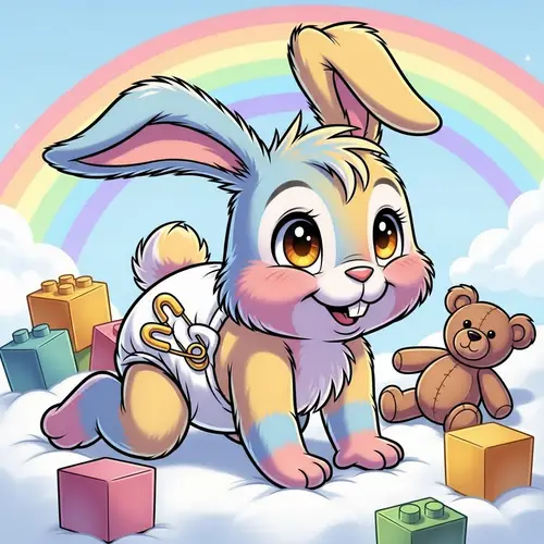 Anthropomorphic Cartoon Bunny in Vibrant Diapers
