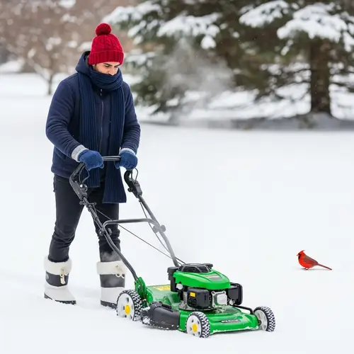Winter Lawn Mowing: Striking Scene with a Hispanic Man and Cardinal