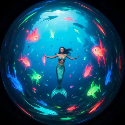 Surreal Underwater Scene with Hispanic Female Mermaid and Bioluminescent Creatures