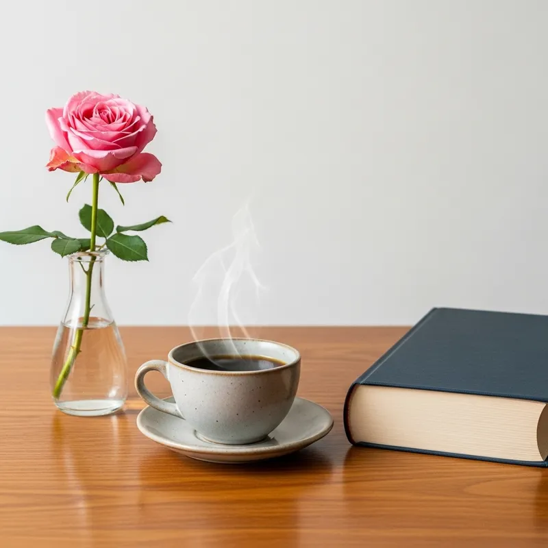 Stylish Coffee Cup, Open Book, and Red Rose on Table