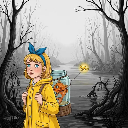 11-Year-Old Girl in Monochrome Swamp with Fish Jar and Yellow Light