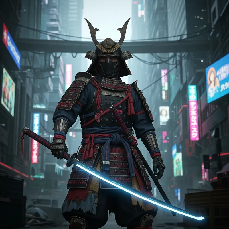 Dystopian Samurai in Future City | Cybernetic Upgrades & Neon Blade