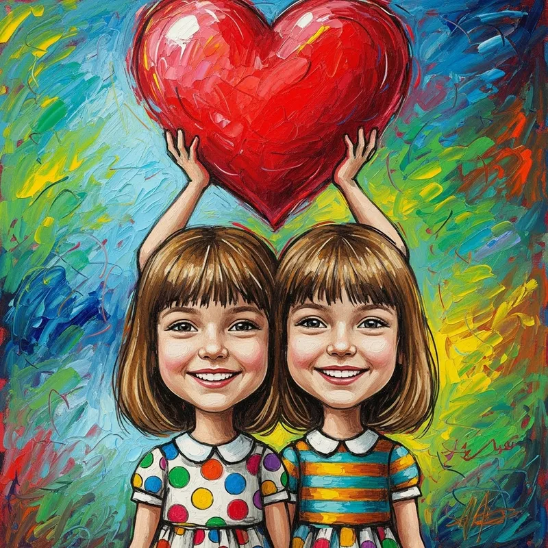 Vivid Two-Headed Girl Holding a Heart - Oil Painting with Crayon Touch