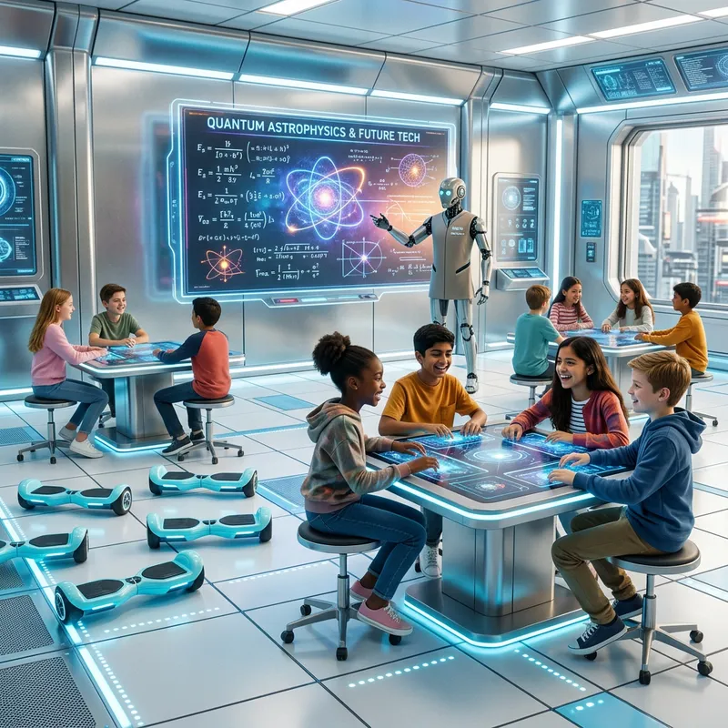 Futuristic Classroom with Hoverboards and Robotic Professor