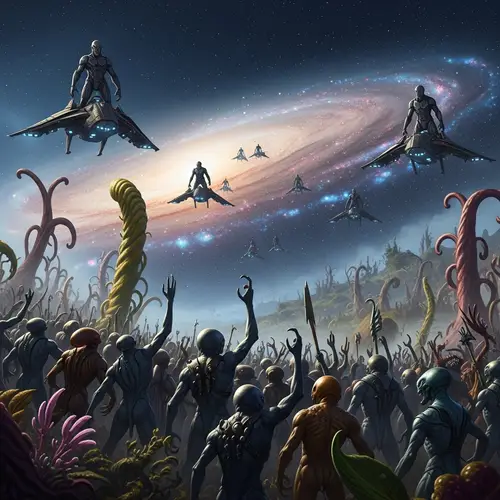 Alien Revolution Scene: Diverse Beings in Unified Protest