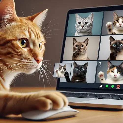 Ginger Cat Leads Virtual Meeting with Diverse Feline Participants