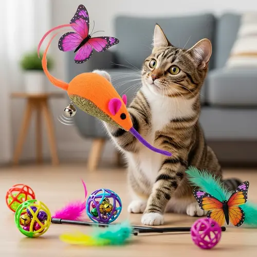 Adorable Domestic Cat Playing with Colorful Toys in Cozy Living Room