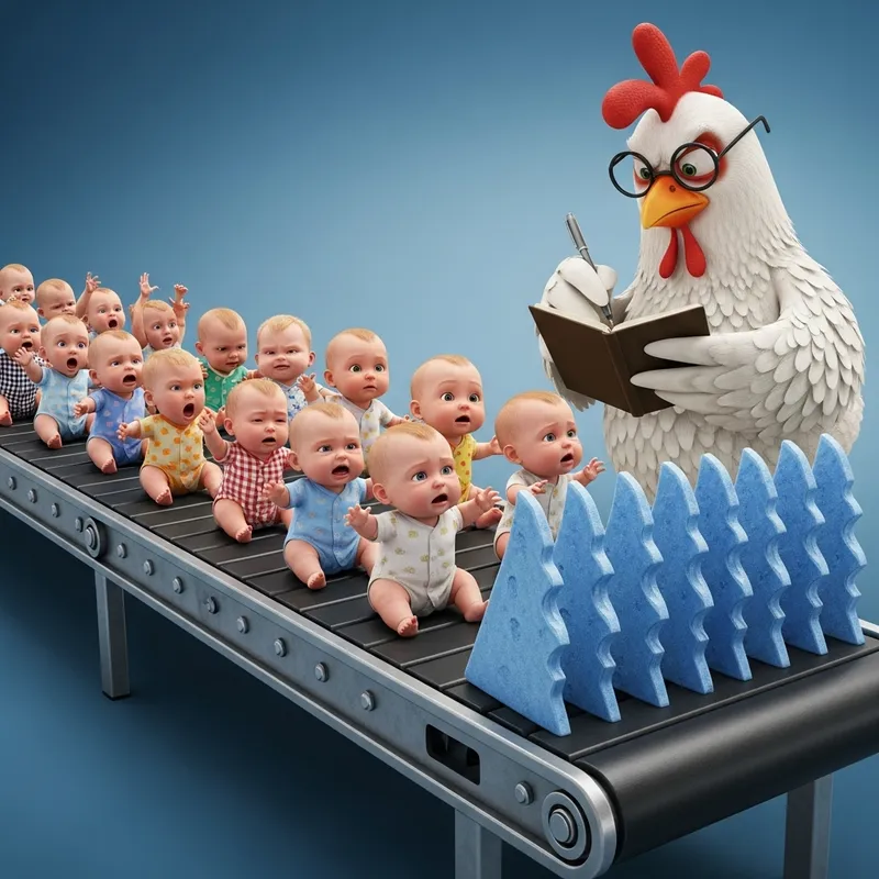 Serious Chicken Observes Baby Conveyor with Blade Gate