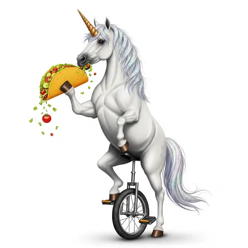Majestic Unicorn on Unicycle Devouring Delicious Tacos