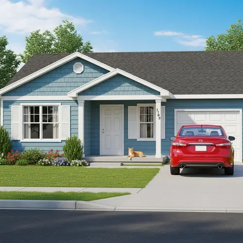 Tranquil Suburban Home with Red Car and Ginger Cat
