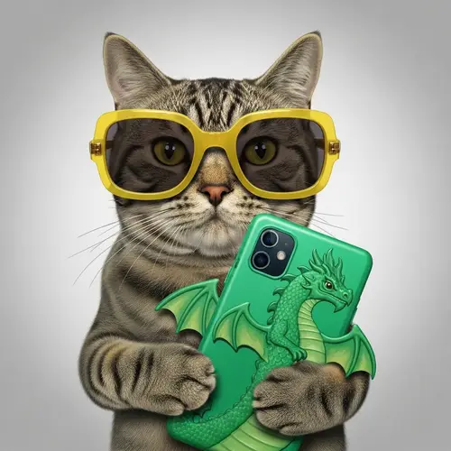 Cat in Neo-Sunglasses Holding Green Dragon Phone