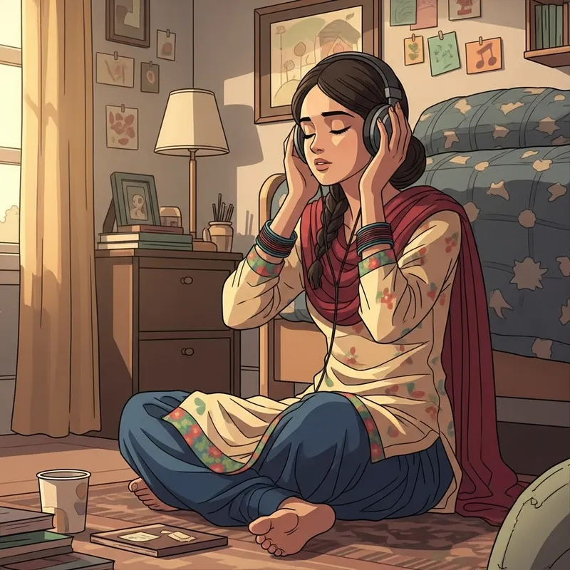 Anime Lofi Style Girl in Punjabi Suit Listening to Spiritual Songs