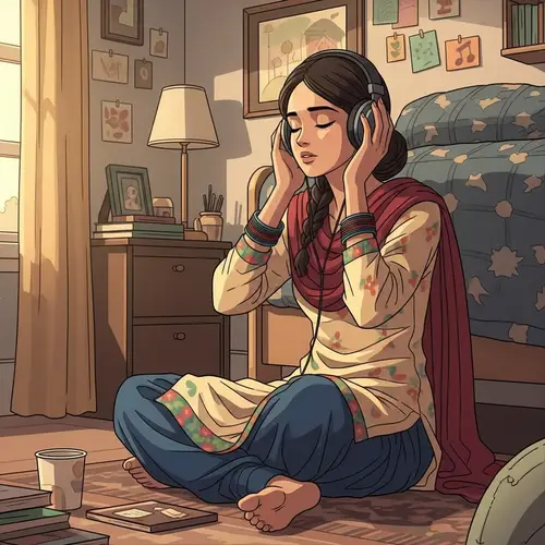 South Asian Girl in Anime Lofi Aesthetic Listening to Spiritual Music