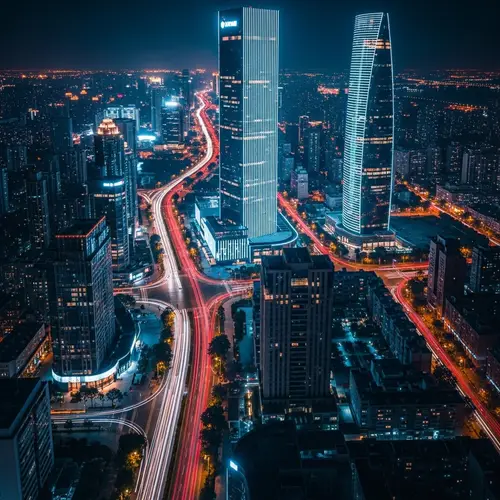 Futuristic City Skyline at Night - Drone's Perspective