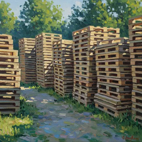 Impressionist Wood Pallets: Vibrant Scene in Blue, Green & Brown